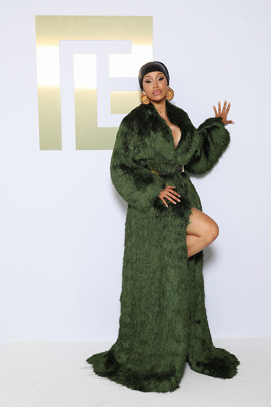 Cardi B Paris Fashion Week green full length outfit