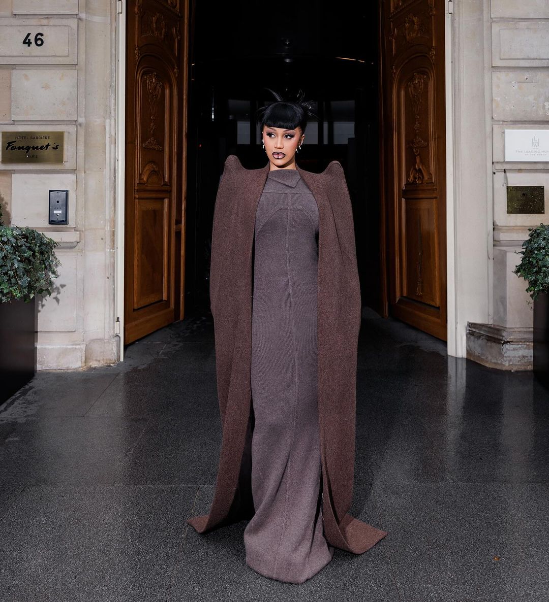 Cardi B Paris Fashion Week full goown with cape