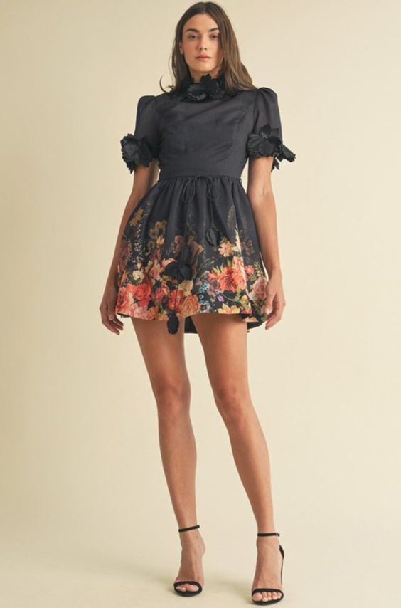 Black mini floral dresses with balet flats