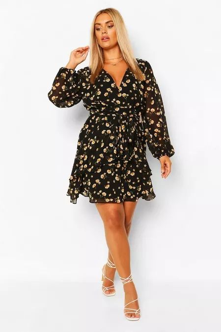 Black mini floral dresses with heels