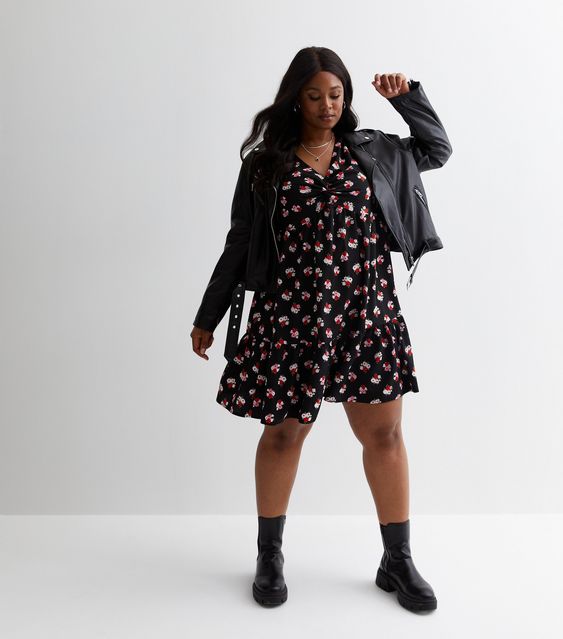 Black mini floral dresses with a denim jacket