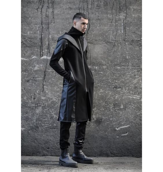 Techwear and Matrix monochrome aesthetic full length leather jacket