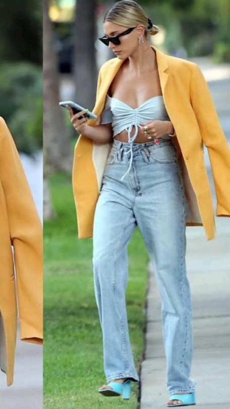 Hailey Bieber's oversized blazer in yellow with off the shoulder crop top