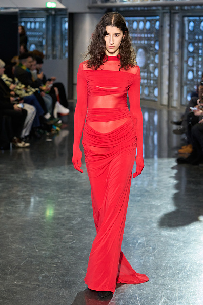 crimson jersey maxi dress with gloves