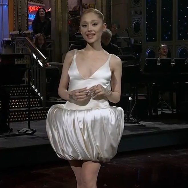 Ariana Grande on Saturday Night Live white dress