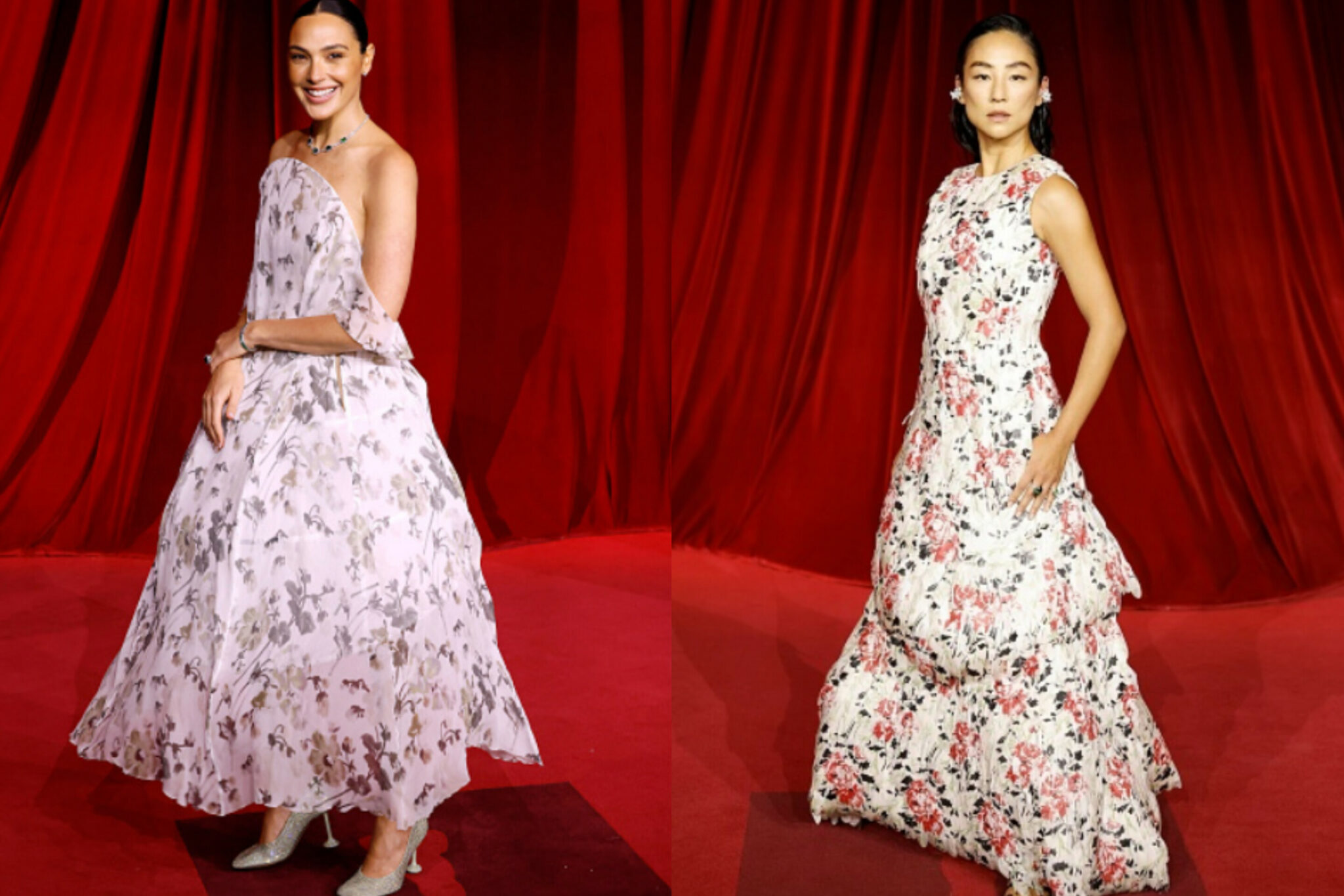 Red Carpet Glamour: Gal Gadot and Greta Lee in Loewe Floral Print Dresses at the Academy Museum of Motion Pictures 4th Annual Gala.