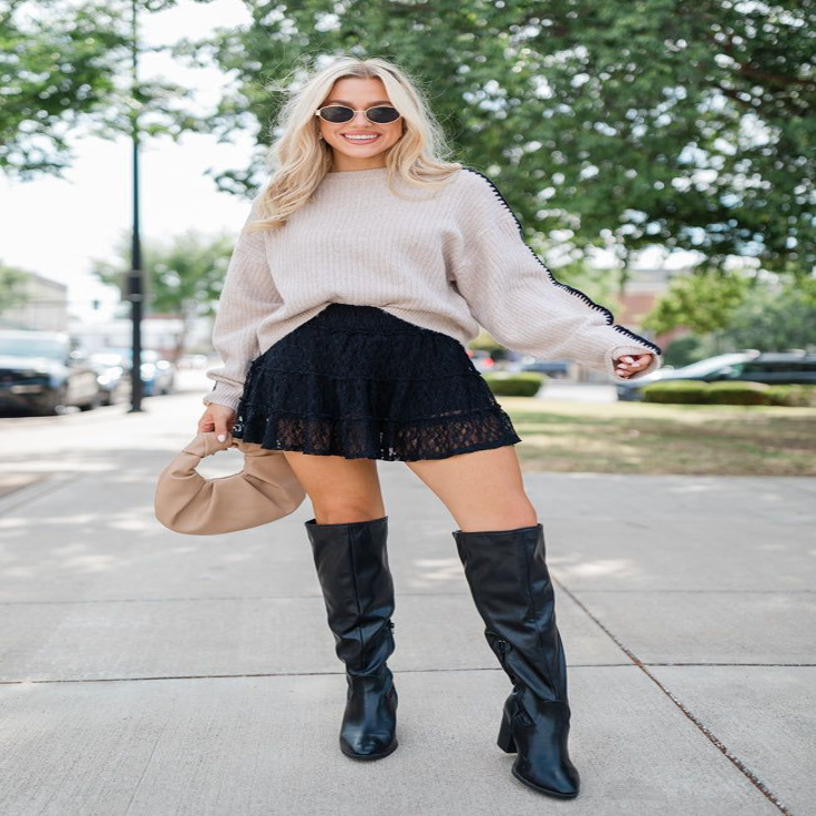 Flawless Lace Skirt Outfits for Every Body Type with biege sweater 