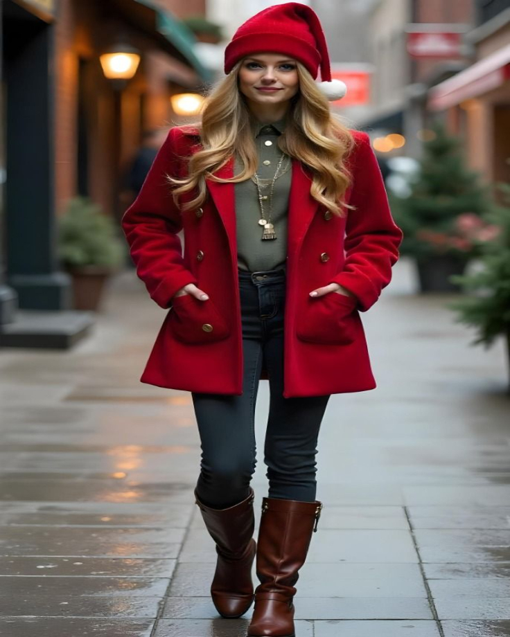 Christmas Eve Outfits to Wear red camel hair jacket brown boots