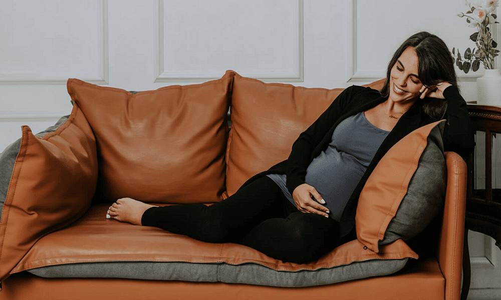 trending maternity wear styles on the couch