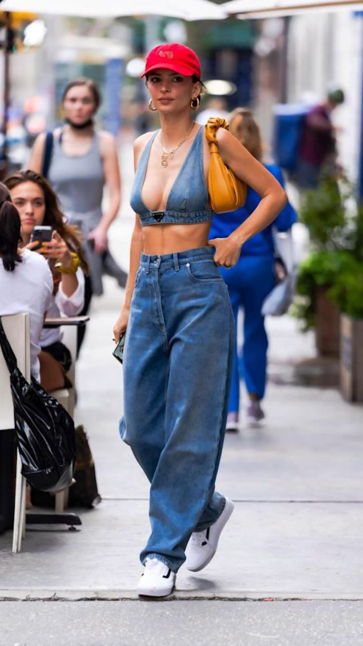 Emily Ratajkowski denim top and baggy pants