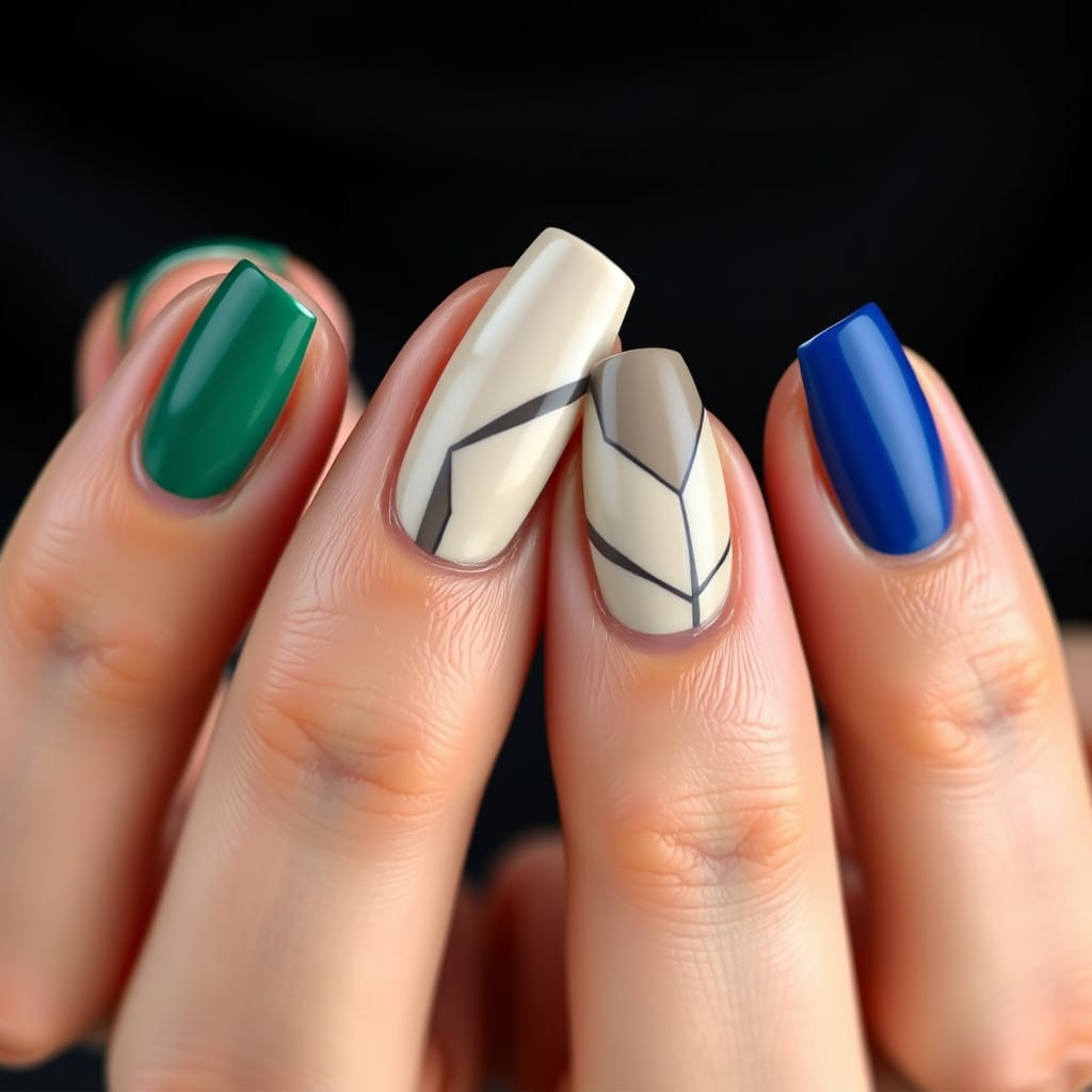 nail art trends multi colored nails blue, green and biege line art