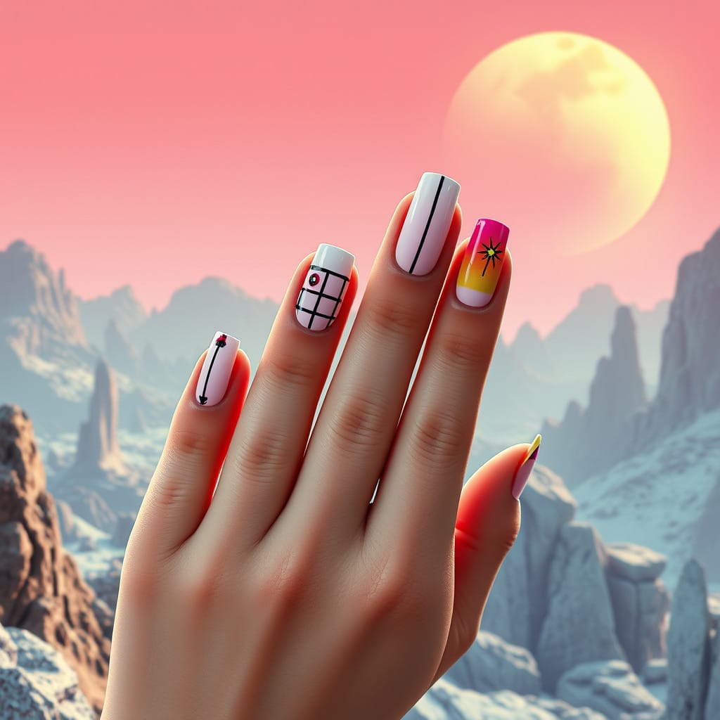 nail art trends pink, yellow and white line art nail designs 