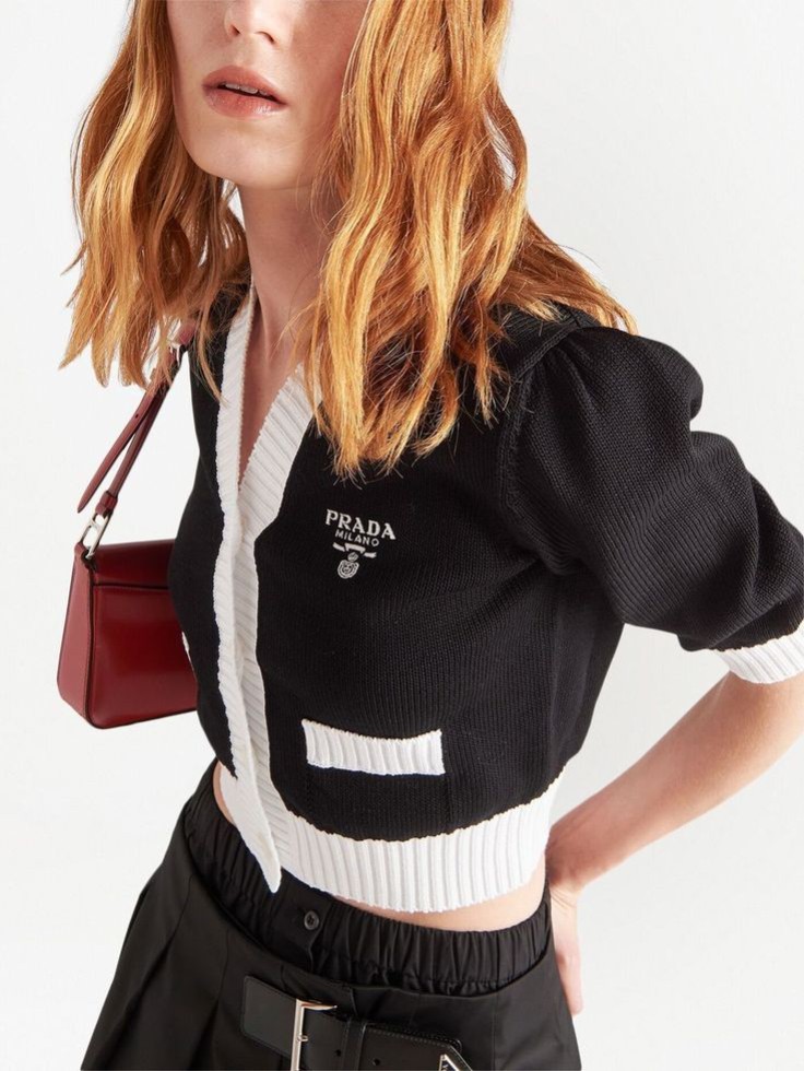 Best Cropped Cotton Cardigans to Upgrade Your Wardrobe Girl wearing Prada sweater