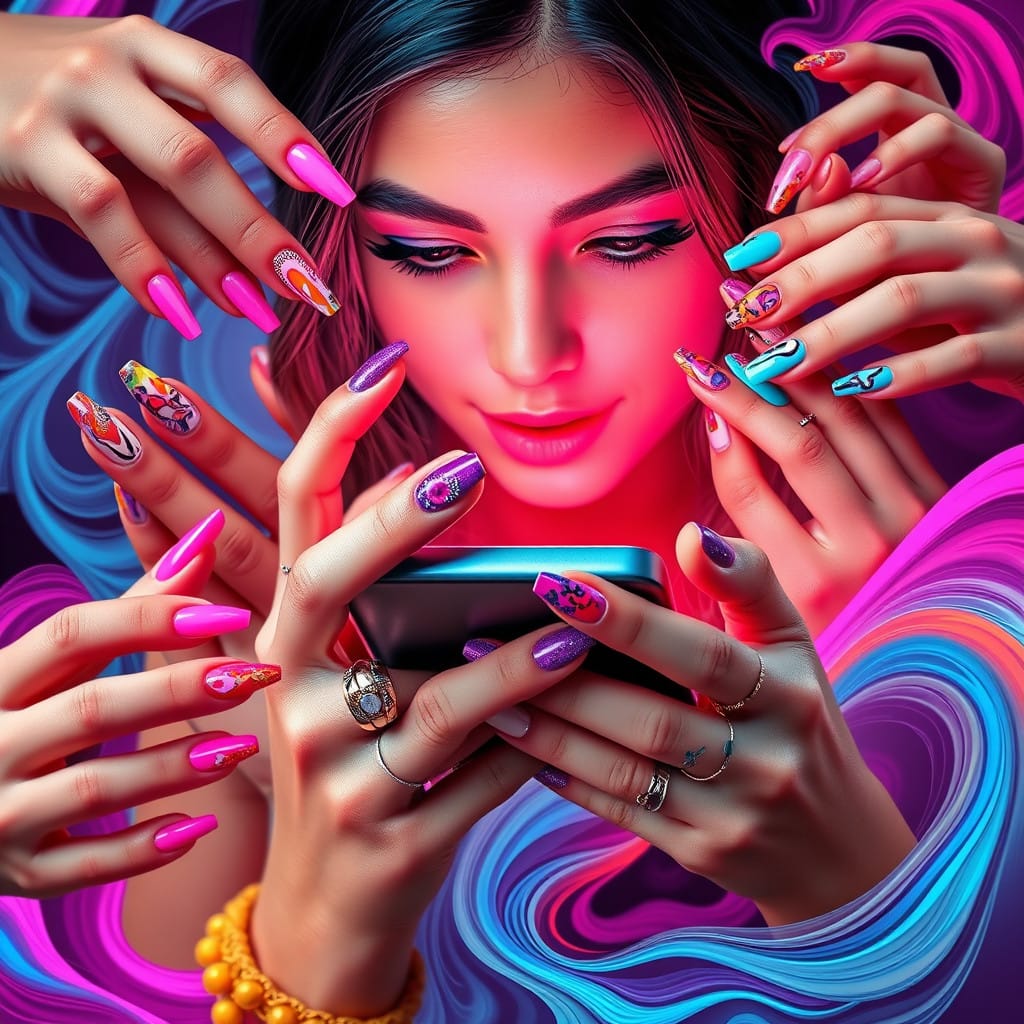 nail art woman with many hands around her looking at phone