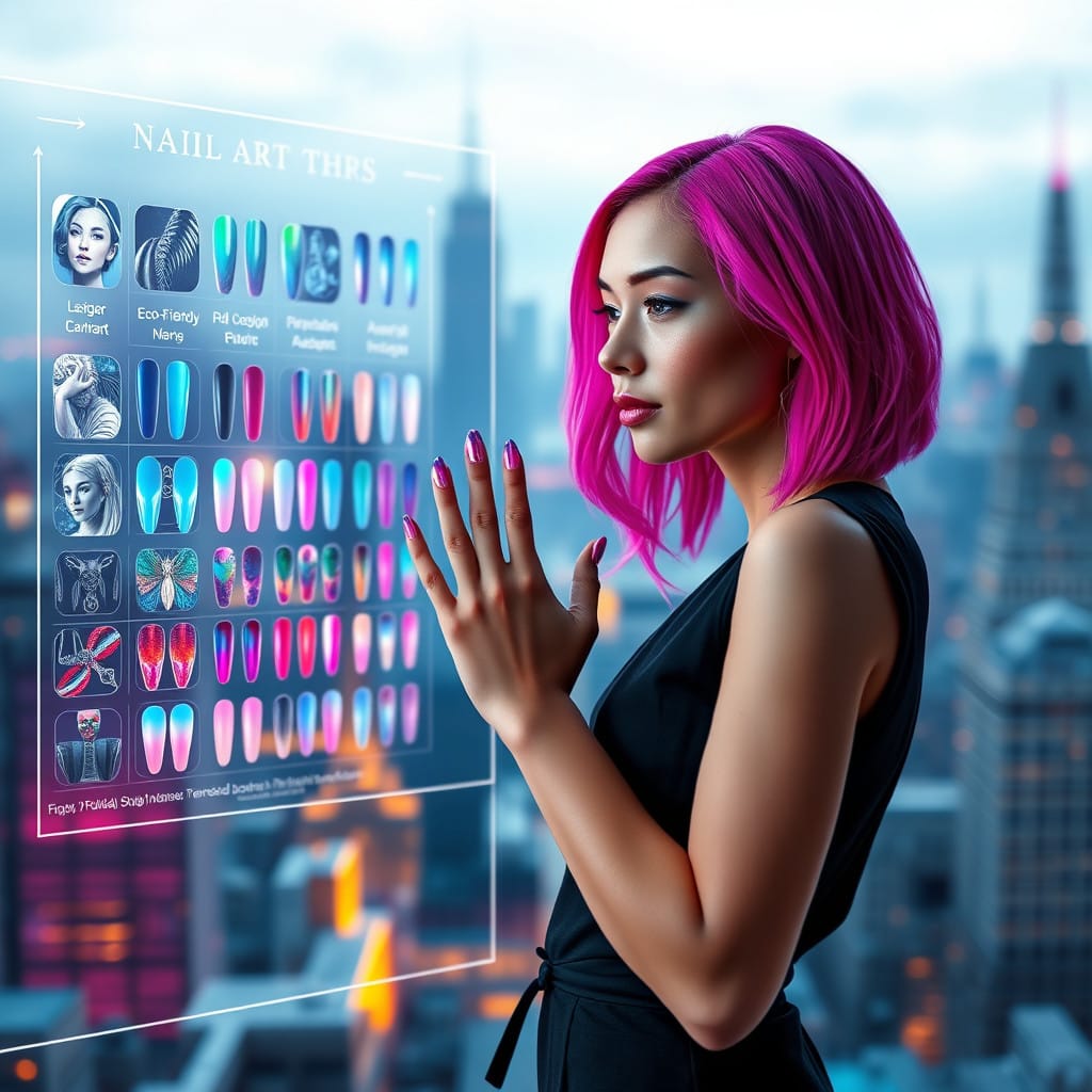 Woman with pink hair displaying her nail art