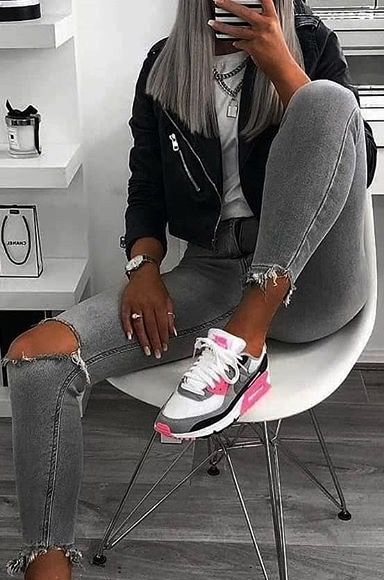 gray denim with pink sneakers