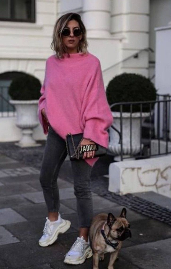 gray denim with pink poncho 