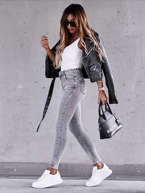 gray denim jeans with black leather jacket 