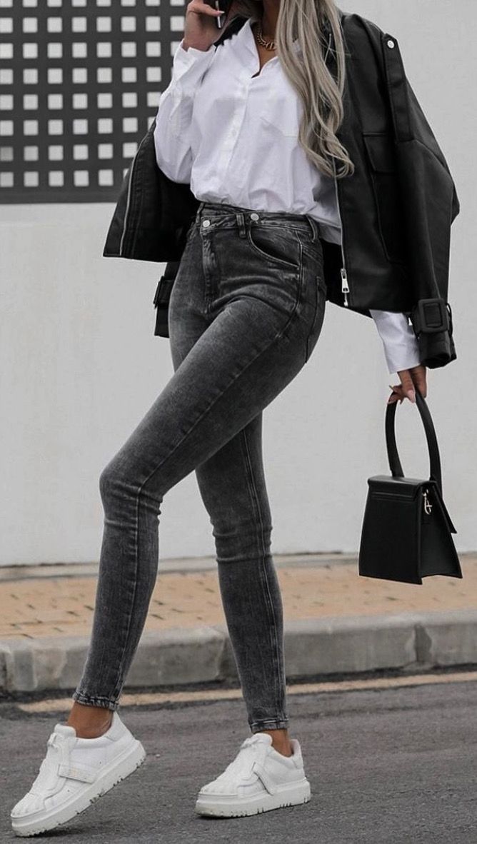 gray denim jeans with black leather