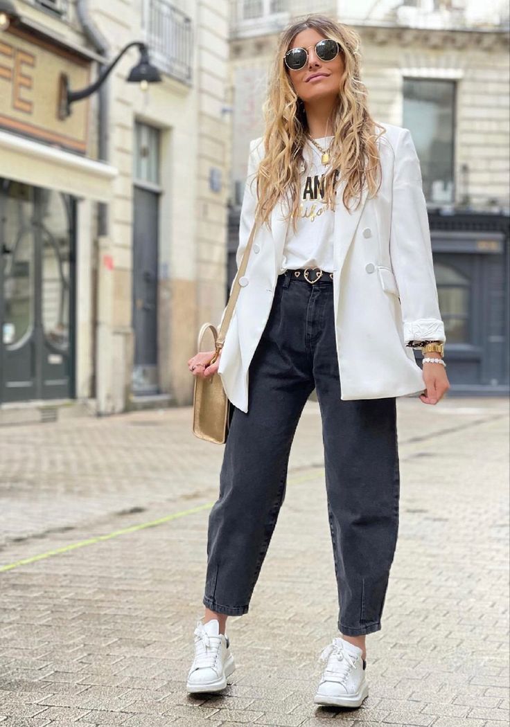 gray denim jeans with white blazer