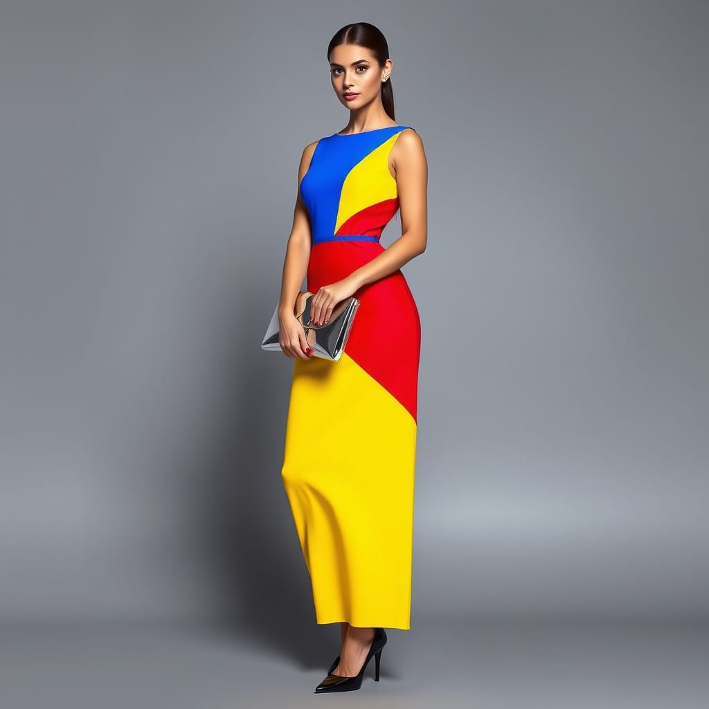 Color-blocking dress red blue and yellow full length