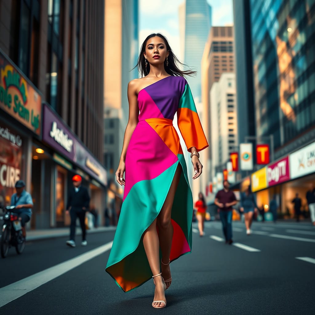 Color-blocking dress purple pink green  and orange