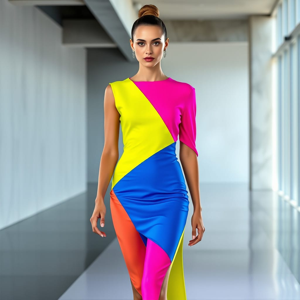 Color-blocking dress yello pink blue and orange