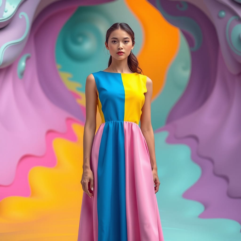 Color-blocking dresses blue pink and yellow in front of mural