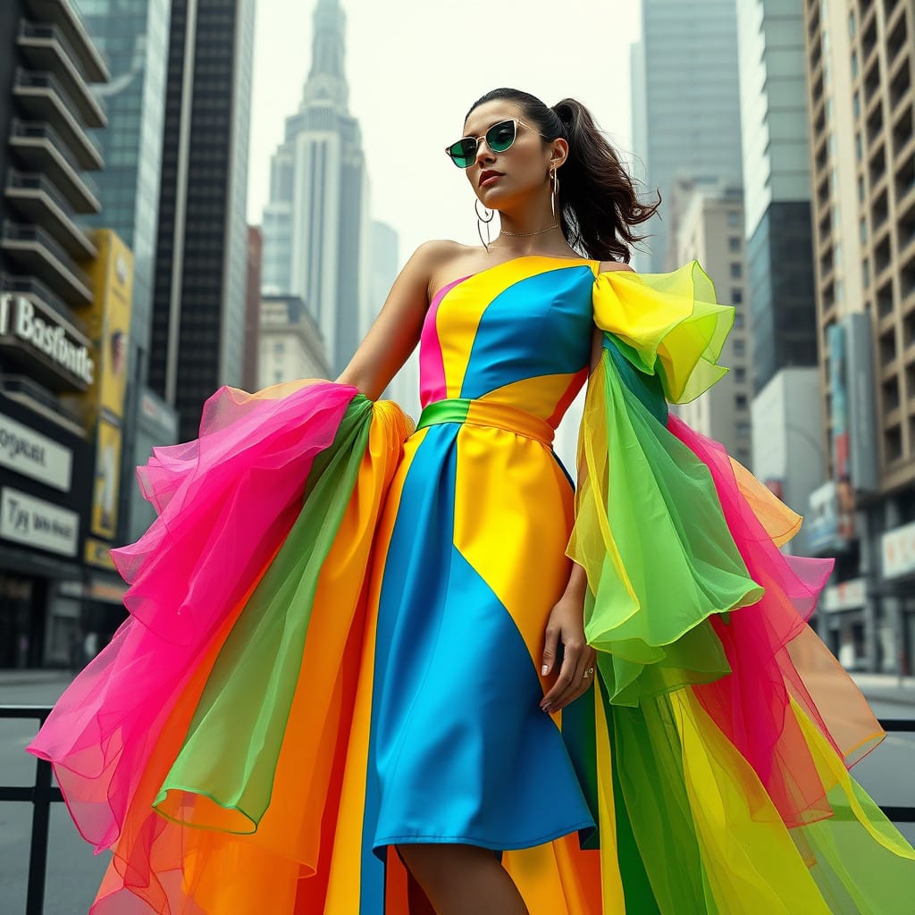 Color-blocking dresses pink yellow blue and green in cityscape
