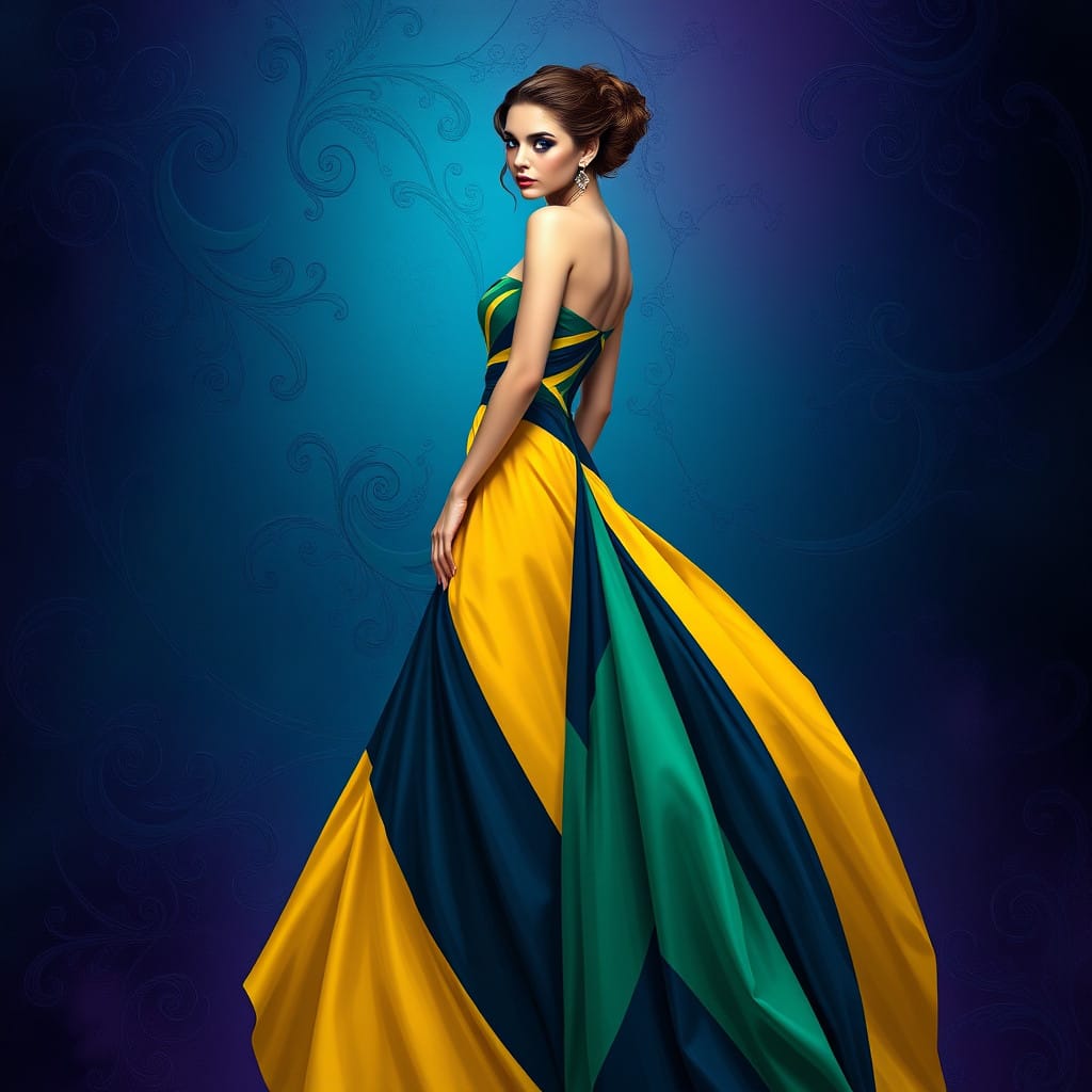 Color-blocking dresses yellow blue and green in black background 