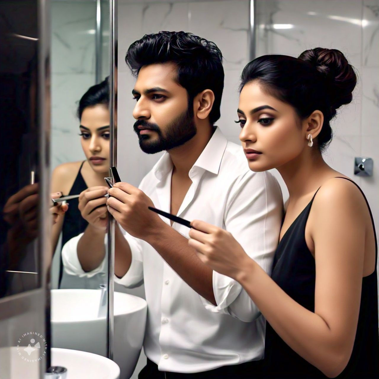 Office Fashion Tips for Professionals man and woman grooming in front of mirror