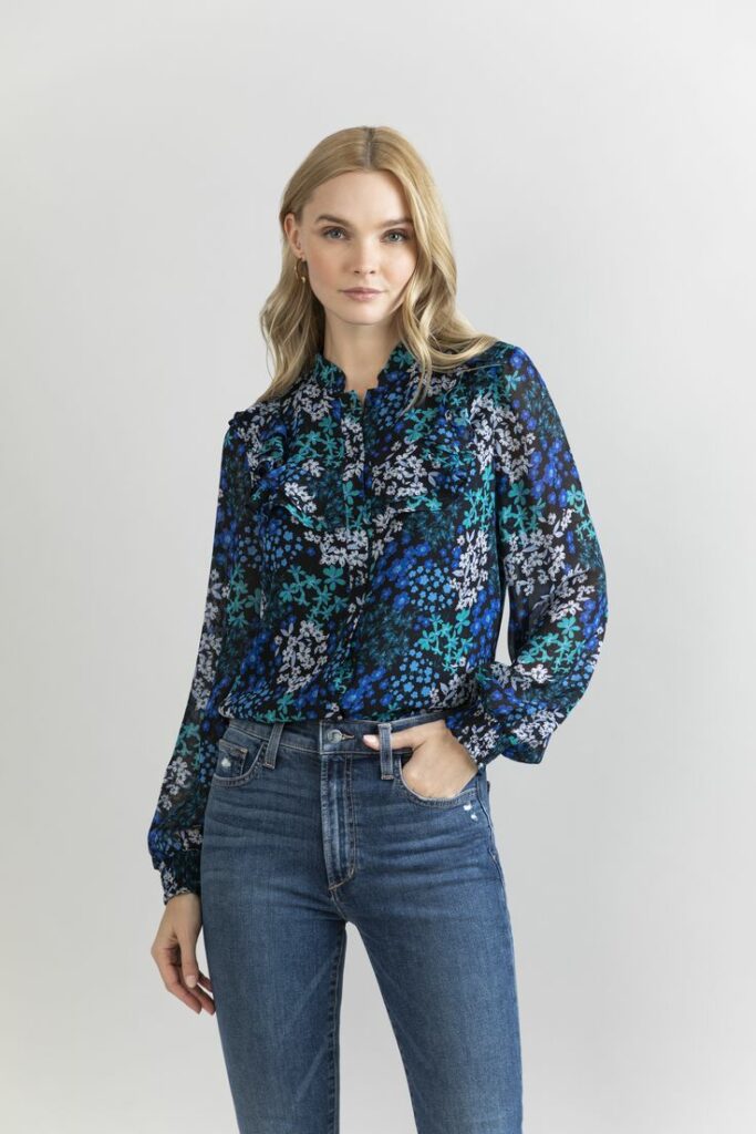 peplum, wrap, and tie-neck blouses with jeans