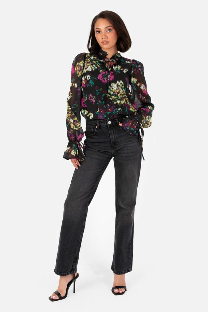 peplum, wrap, and tie-neck blouses black denim