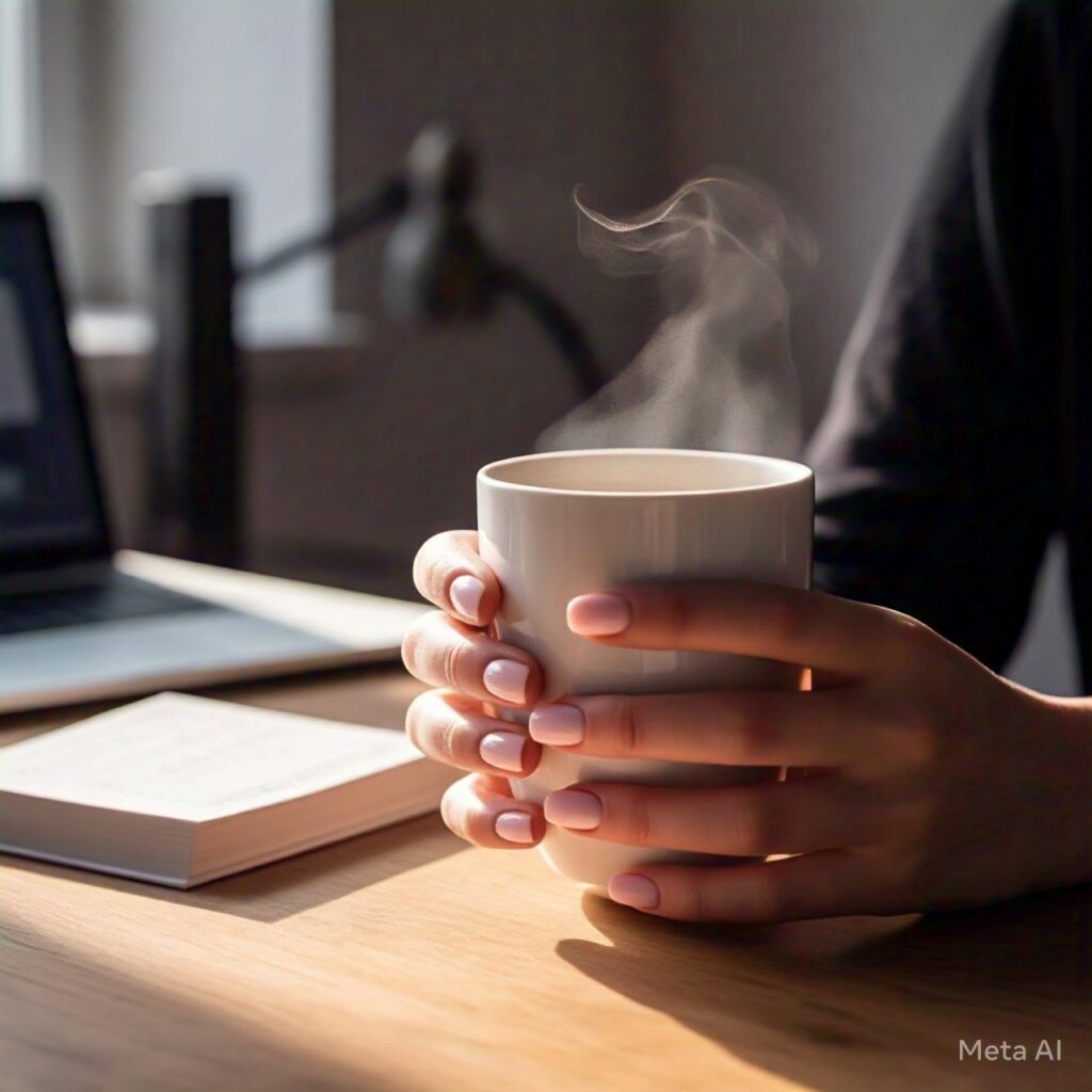 Nail care light pink nails holdign coffee cup