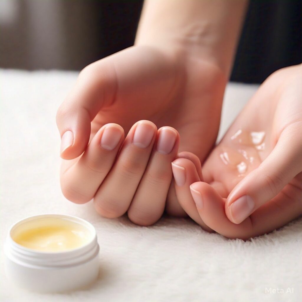 Nail care hands with creme in palms