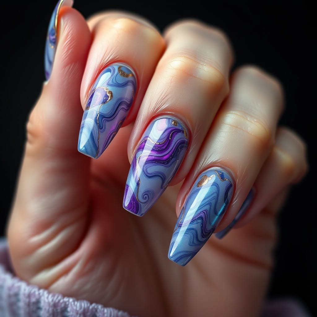 beautiful nails purple blue and gold swirls