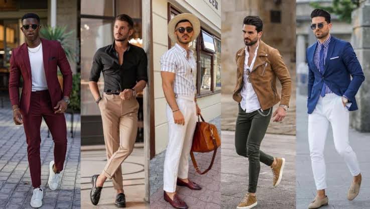5 male models wearing varying outfits