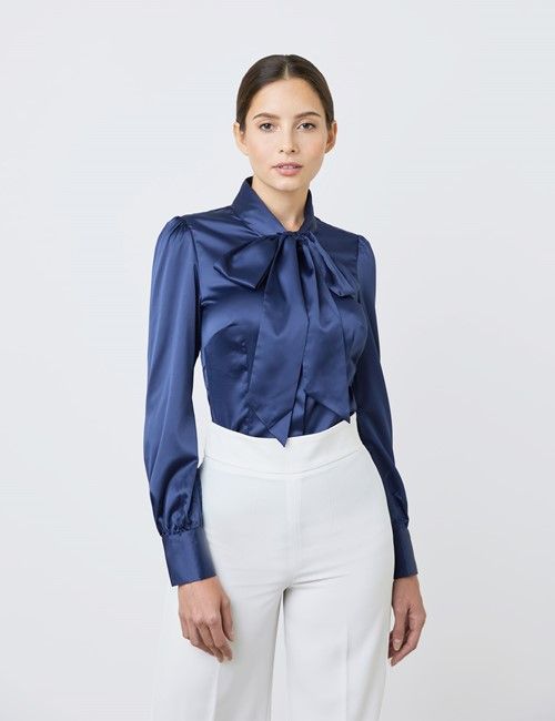 Tie-neck blouses blue satin