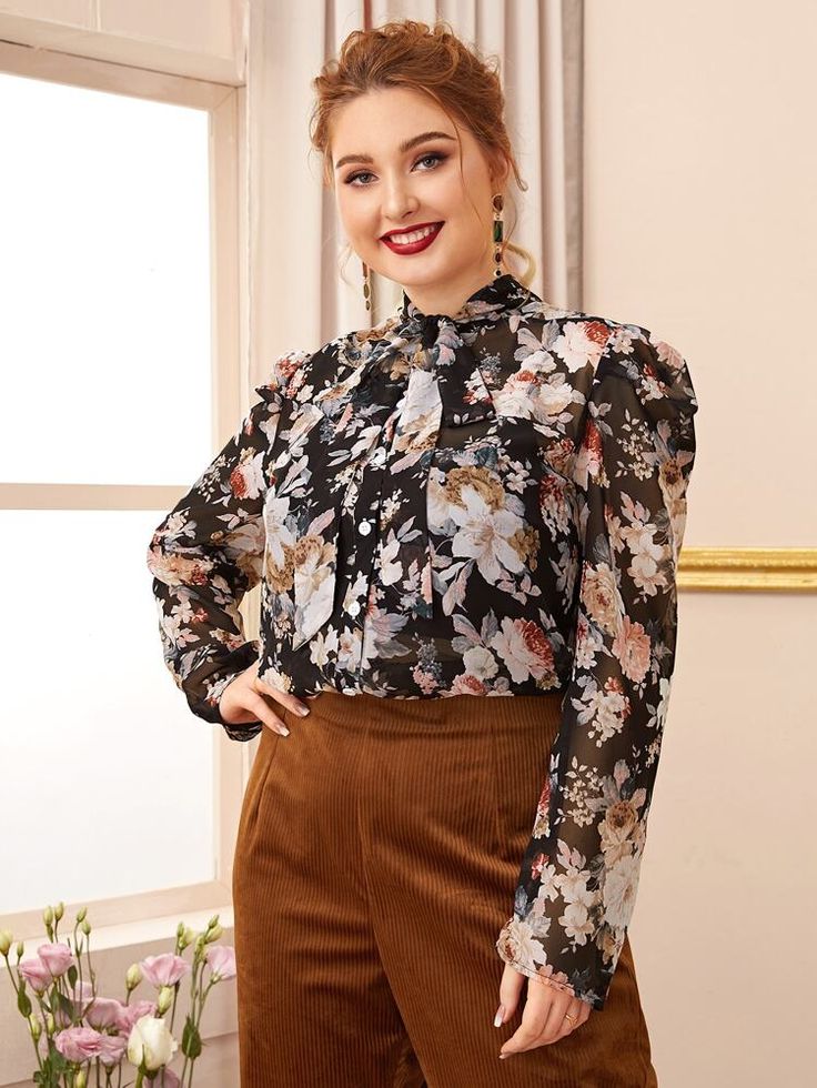 Floral-Print Tie-Neck Blouses