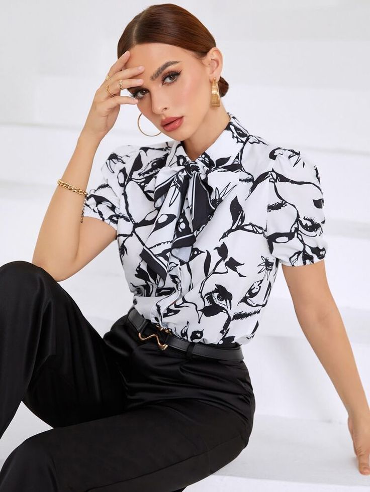 Floral-Print Tie-Neck Blouses 2