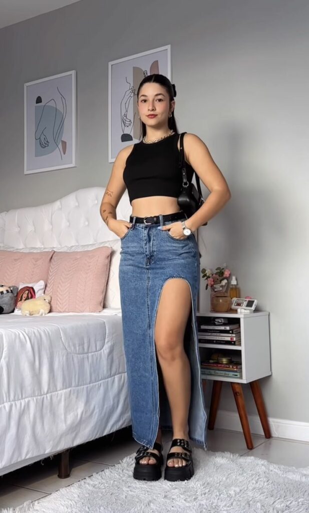 Crop tops black with jean skirt