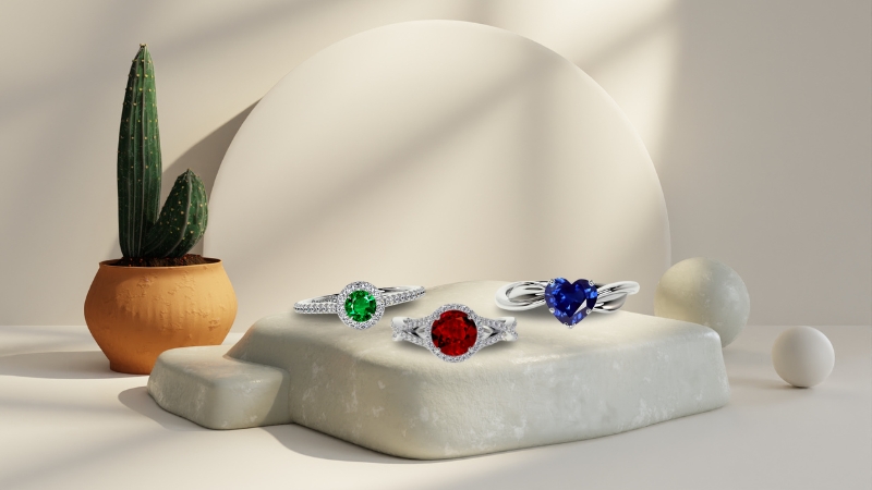Gemstone rings green red blue 