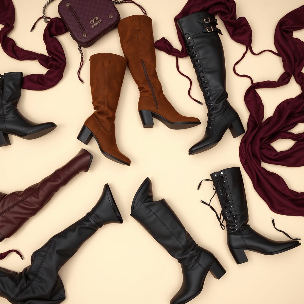 long boots laid out with bag and scarves