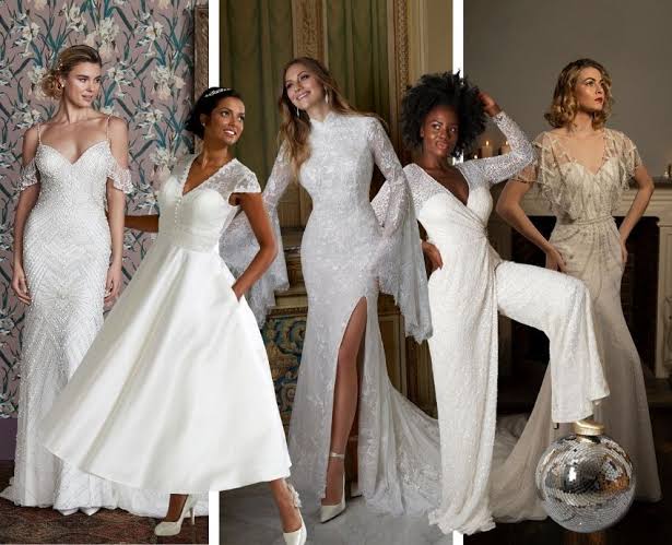 5 woman wearing wedding dresses