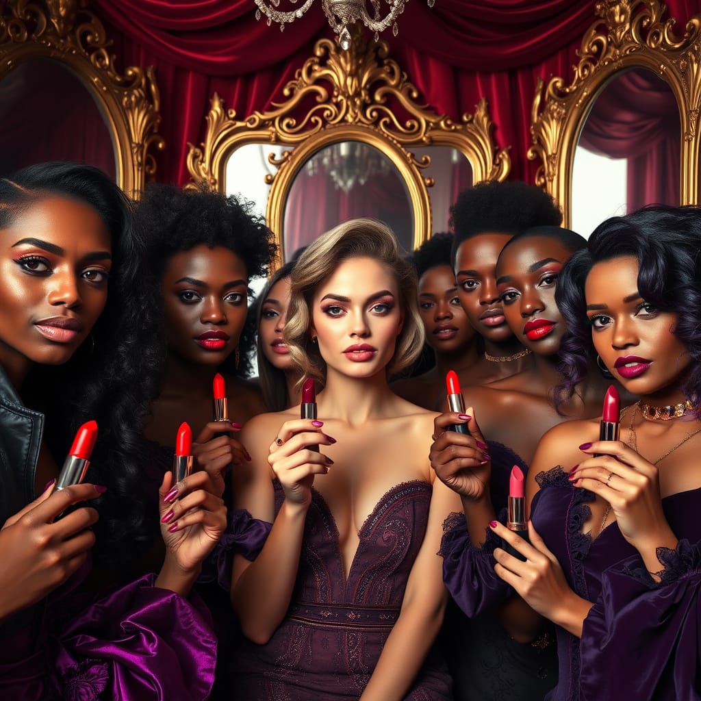Many woman holding lipstick