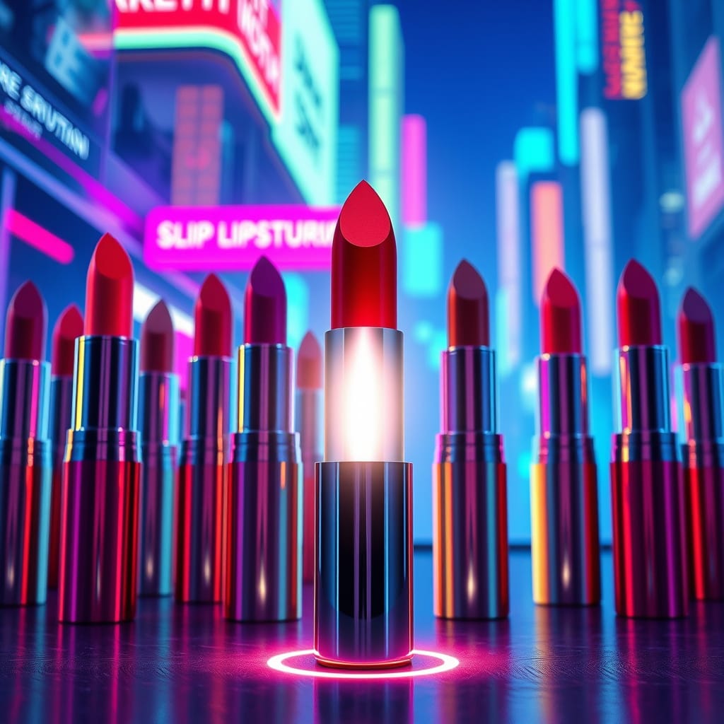 lipstick staning over cityscape 