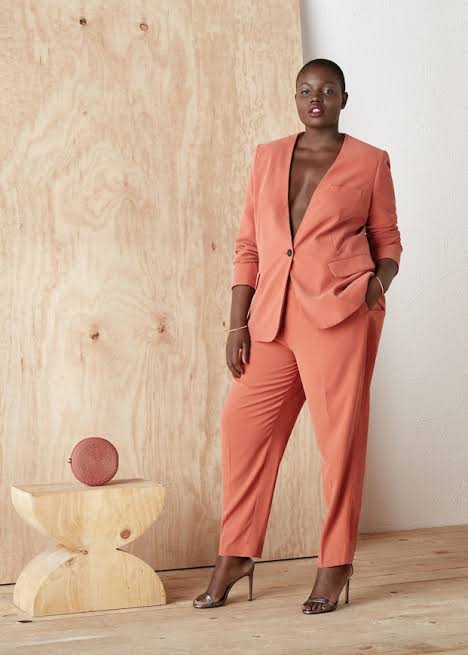 plus-size fashion in peach pants suit 