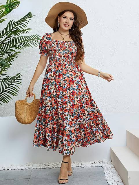 red floral dress with hat