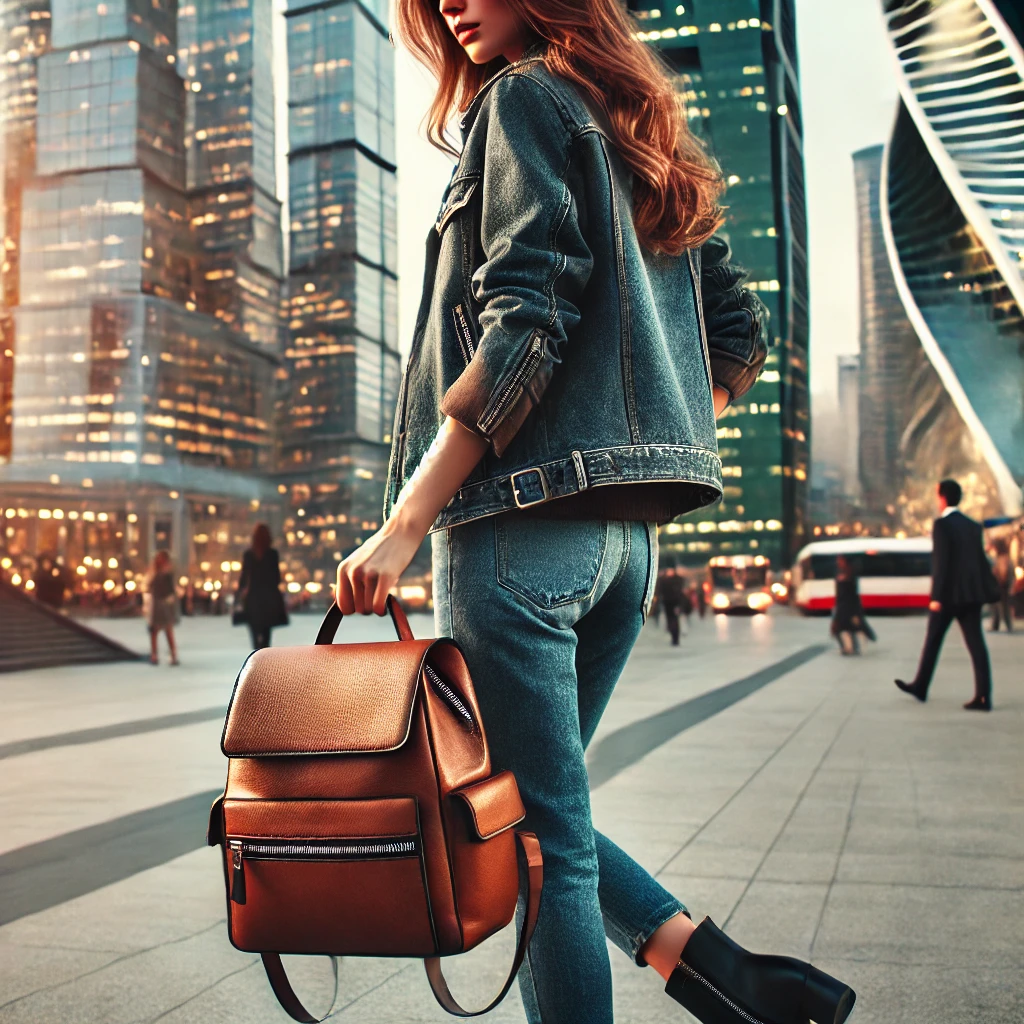 Girl in denim holding a leather backpack 