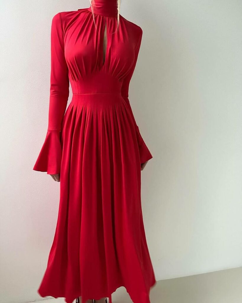 Red godet dress 2
